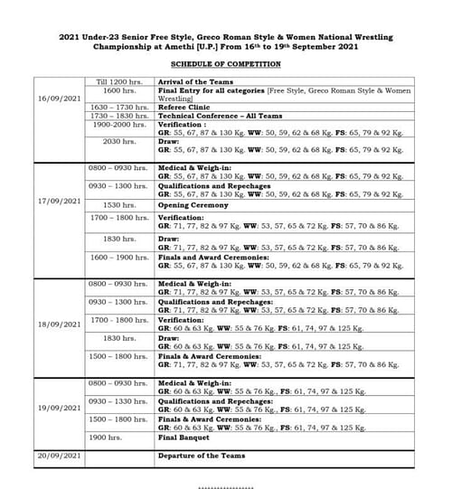 National U23 Wrestling Championship  schedule