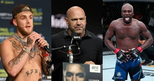 Jake Paul (left); Dana White (center); Derek Brunson (right).