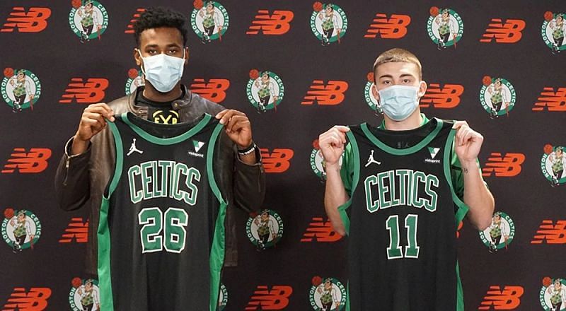 Aaron Nesmith and Payton Pritchard presented to the media. [Credit: Celtics Wire]
