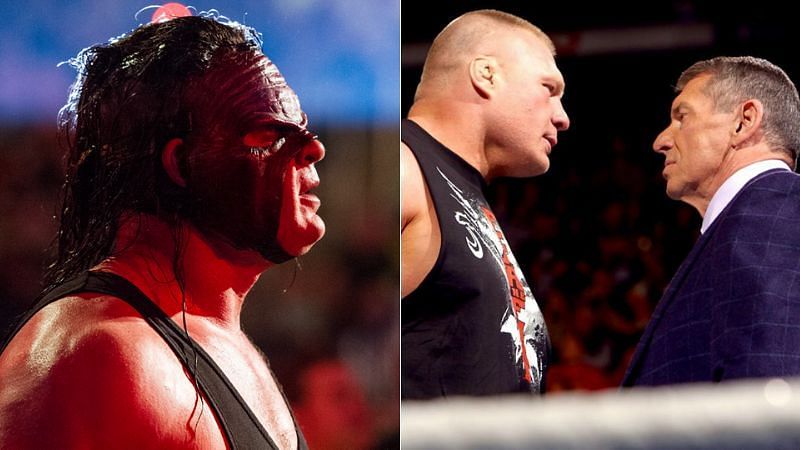 Kane (left); Brock Lesnar and Vince McMahon (right)