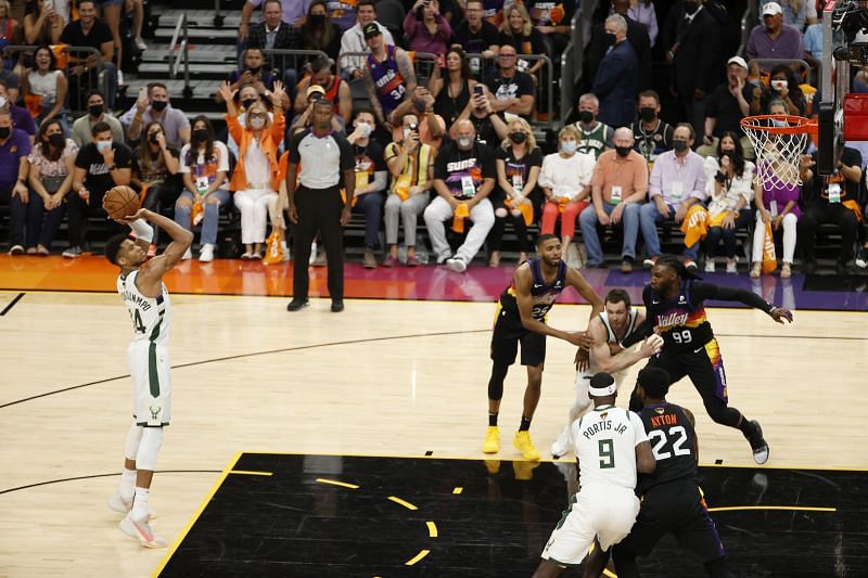 Giannis Antetokounmpo #34 of the Milwaukee Bucks shoots a free throw.