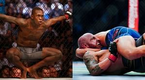 Watch: Israel Adesanya tucks his chin and jumps in excitement watching Alexander Volkanovski defend Brian Ortega's submission attempts at UFC 266