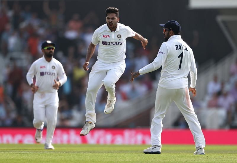 Shardul Thakur celebrates after taking the wicket of Rory Burns. Pic: Getty Images