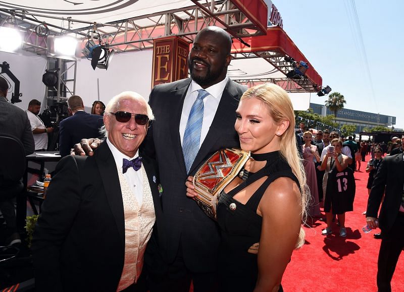 WWE wrestler Ric Flair, former NBA player Shaquille O&#039;Neal and WWE Diva Charlotte attend the 2016 ESPYS at Microsoft Theater on July 13, 2016 in Los Angeles, California.