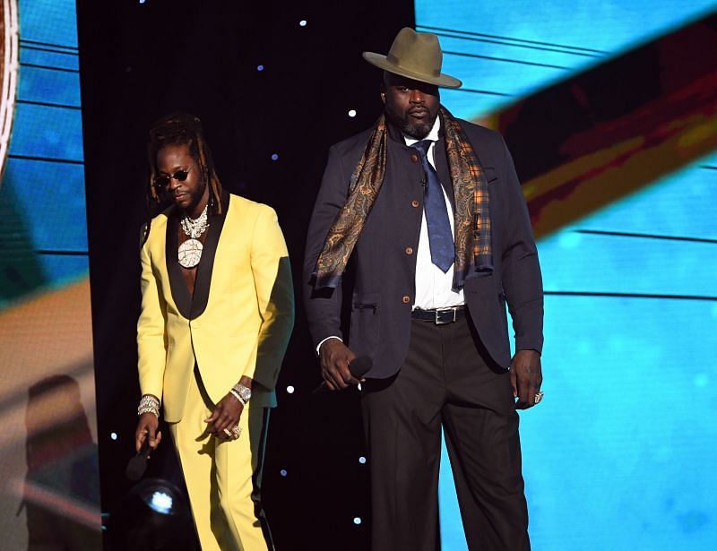 2 Chainz and Shaquille O&#039;Neal speak onstage during the 2019 NBA Awards presented by Kia on TNT at Barker Hangar on June 24, 2019 in Santa Monica, California.