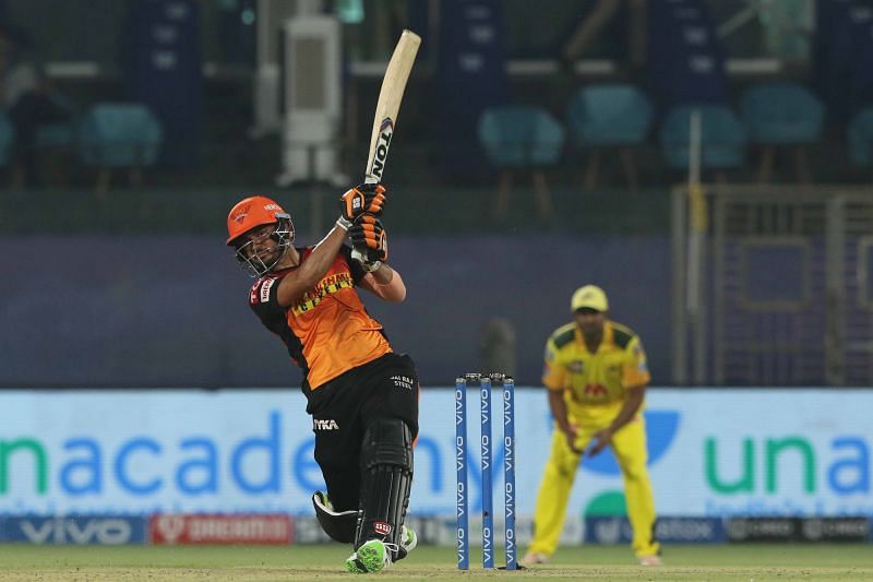 Pandey smacking the ball over long on for a maximum