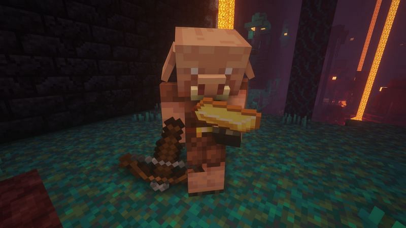 A piglin inspecting a gold ingot (Image via Minecraft)