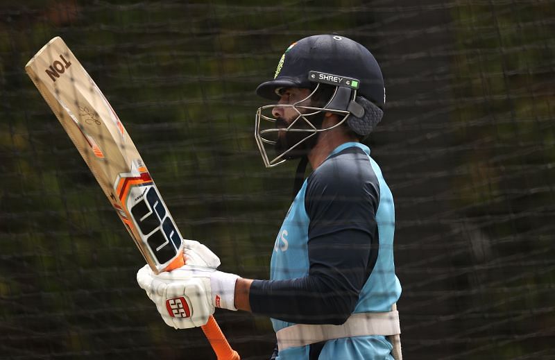 Ravindra Jadeja in action during an India net session