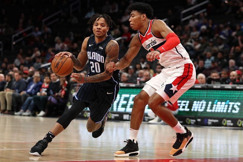 Markelle Fultz of the Orlando Magic driving into the paint against the Washington Wizards