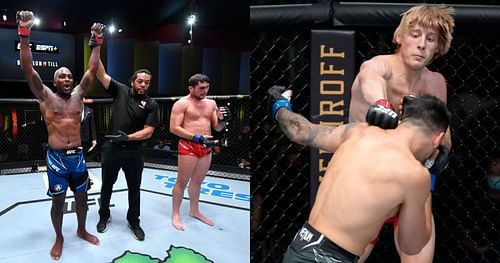 Derek Brunson reacts after beating Darren Till (left) and Paddy Pimblett punches Luigi Vendramini (right) at UFC Vegas 36