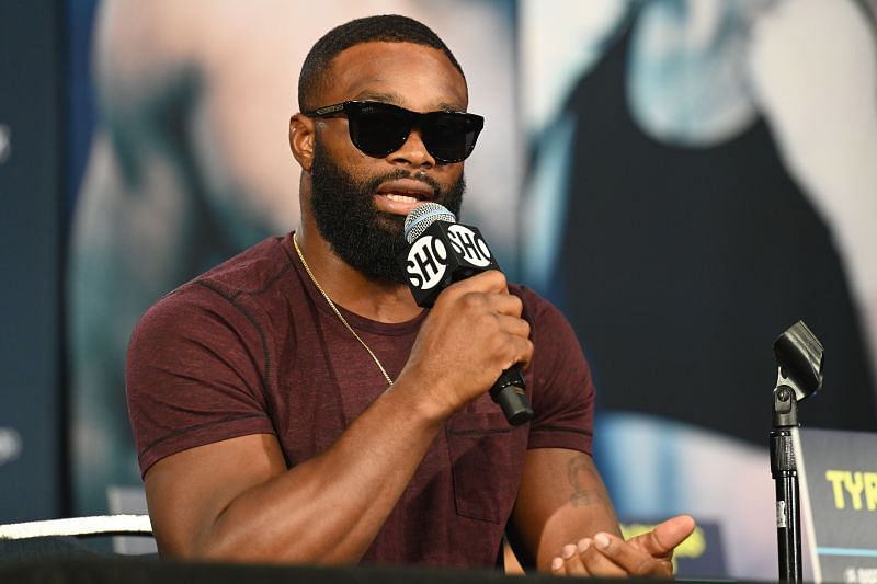 Tyron Woodley speaks during the press conference ahead of his fight against Jake Paul last month