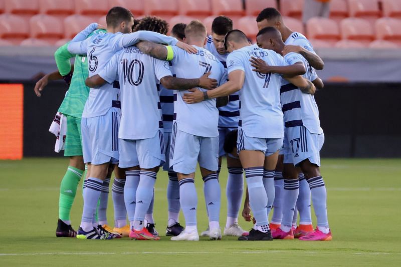 : Sporting Kansas City players huddle before a game