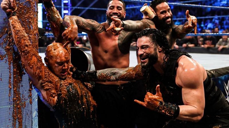 Baron Corbin being covered in dog food on Friday Night SmackDown