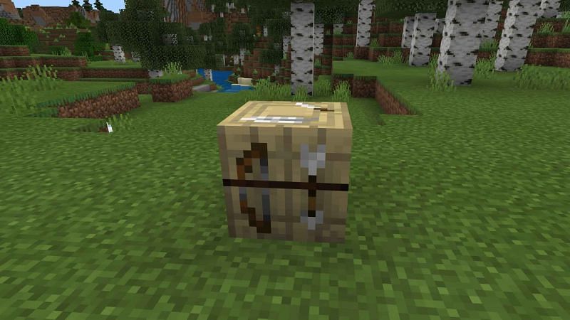 A fletching table will turn a jobless villager into a fletcher, whose trades center around arrows. Image via Minecraft