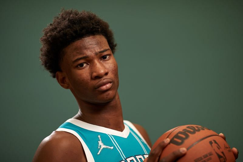 Kai Jones #23 of the Charlotte Hornets poses for a photo during the 2021 NBA Rookie Photo Shoot on August 15, 2021 in Las Vegas, Nevada.