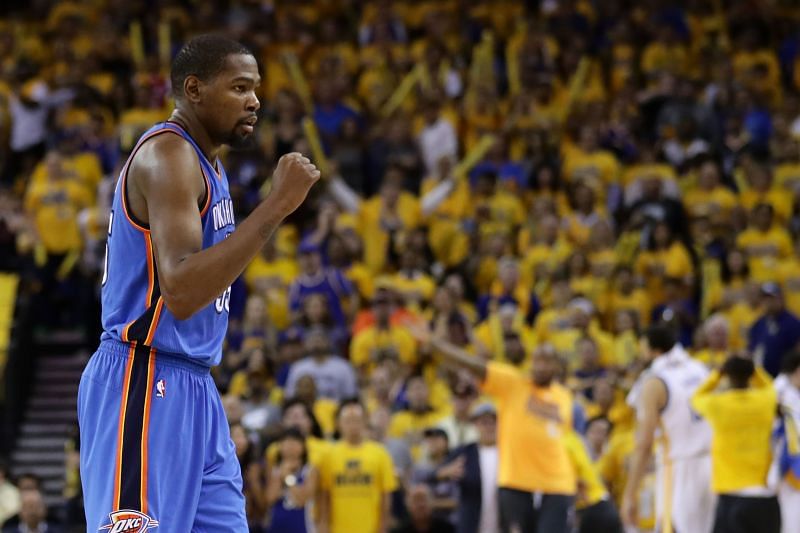 Kevin Durant&#039;s two 30+ points per game seasons came during his time with the OKC Thunder.