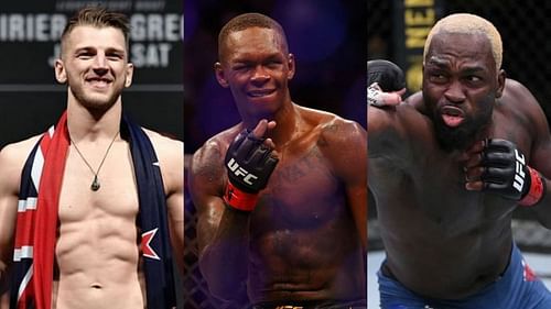 Dan Hooker (left), Israel Adesanya (center), Derek Brunson (right)