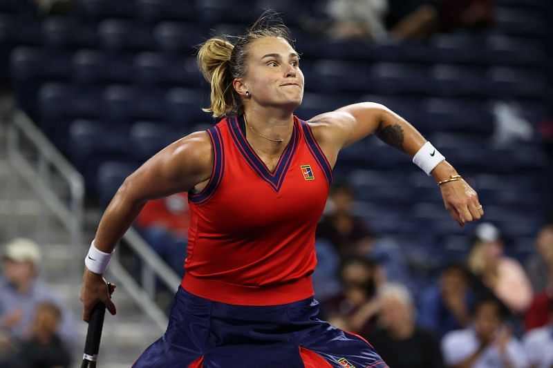Aryna Sabalenka celebrates her third-round win at the 2021 US Open