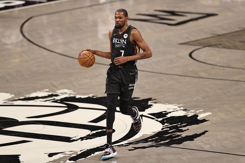 Kevin Durant #7 of the Brooklyn Nets heads for the net in the second quarter against the Los Angeles Lakers at Barclays Center on April 10, 2021 in the Brooklyn borough of New York City.