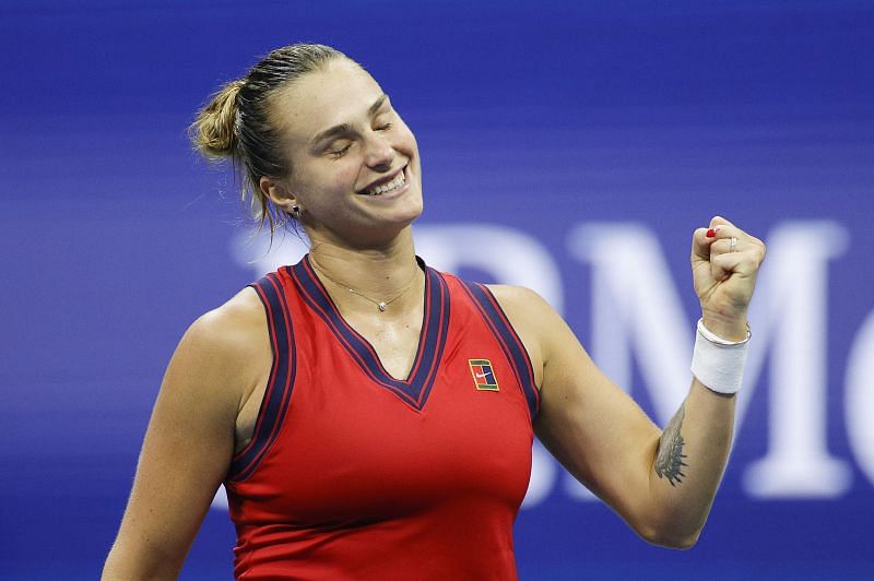 Aryna Sabalenka reacts during her quarterfinal match at the 2021 US Open