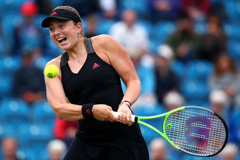 Ostapenko in action at the 2021 Eastbourne Open.