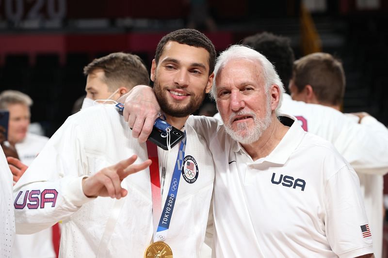 Zach LaVine with Team USA head coach Gregg Popovich after winning the basketball gold medal in Tokyo.