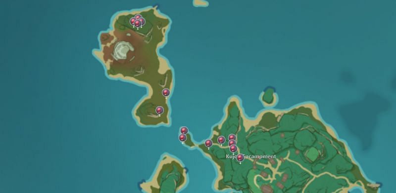 Plants around Kujou Encampment on the map (Image via Teyvat Interactive Map)