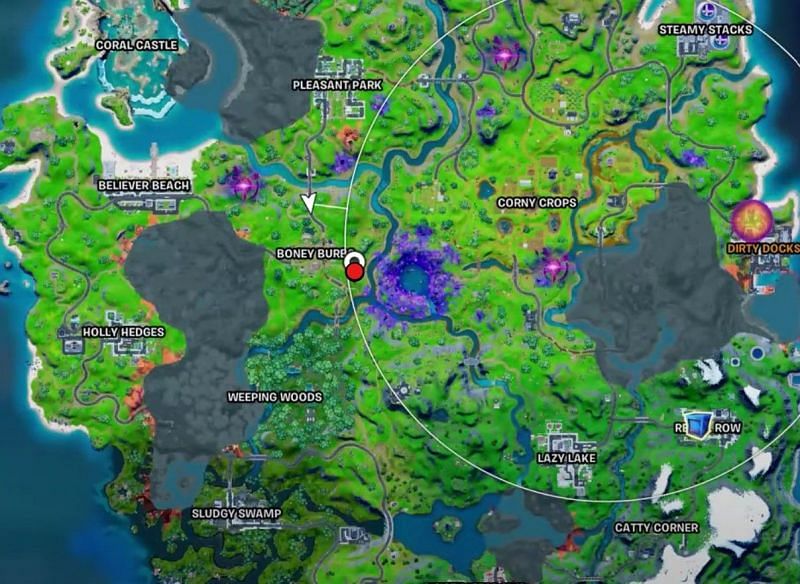 Pitstop&#039;s location in Fortnite Chapter 2 Season 8 map (Image via Fortnite)