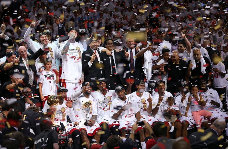 The Miami Heat celebrate after defeating the San Antonio Spurs 95-88 to win Game Seven of the 2013 NBA Finals at AmericanAirlines Arena on June 20, 2013 in Miami, Florida.