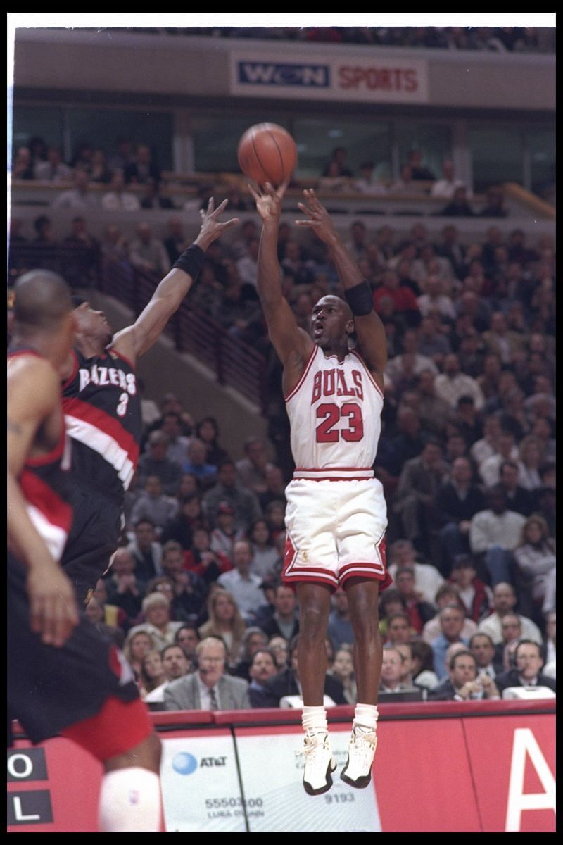 Guard Michael Jordan of the Chicago Bulls shoots the ball during a game against the Portland Trail Blazers.
