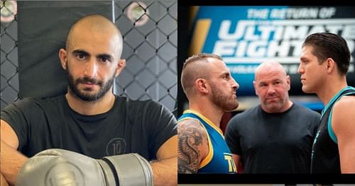 Giga Chikadze (L) and Alexander Volkanovski, Dana White, Brian Ortega (R) via Instagram @knockoutcancer and @alexvolkanovski