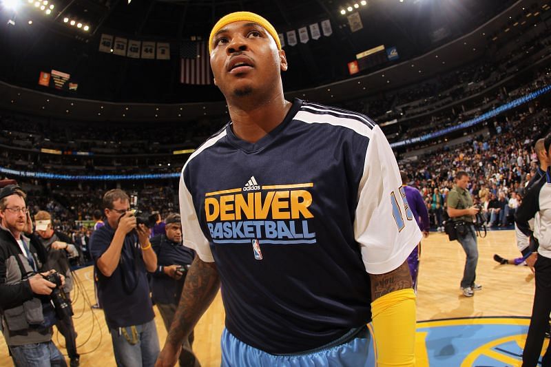 Carmelo Anthony prior to the start of a Denver Nuggets game