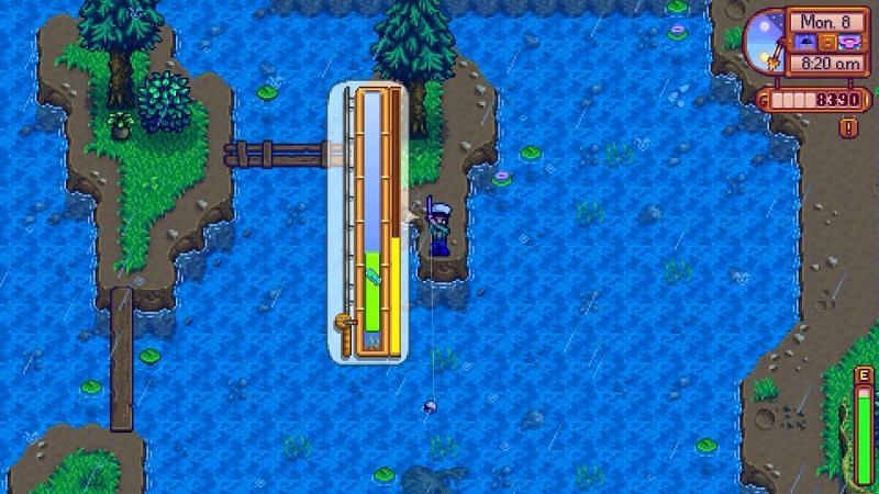 The fish mini game that occurs when players have hooked a fish determines whether or not they catch the fish. (Image via Stardew Valley)