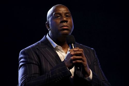 Magic Johnson speaks to the crowd before the 69th NBA All-Star Game