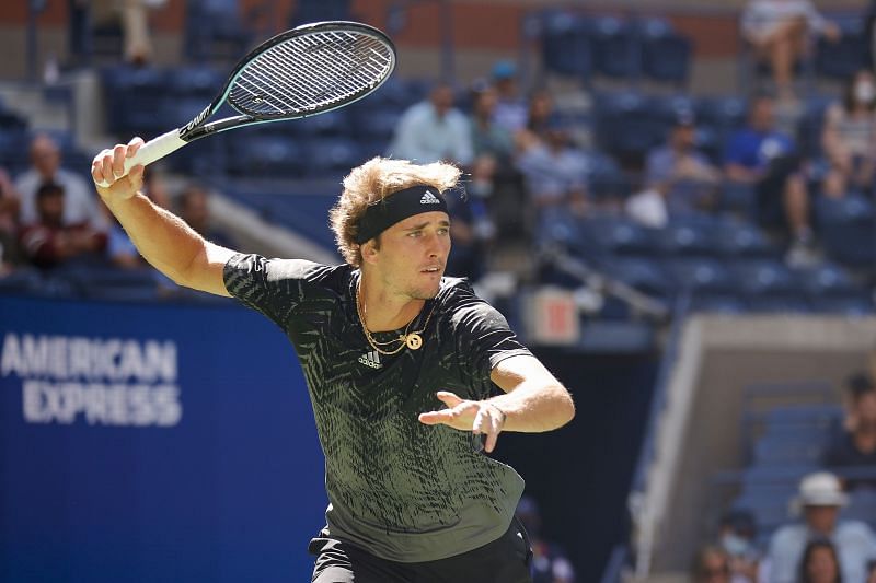 Alexander Zverev attempts to hit a forehand at the 2021 US Open