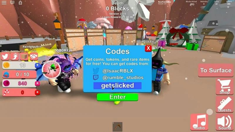 The code redemption window in Mining Simulator. (Image via Roblox Corporation)