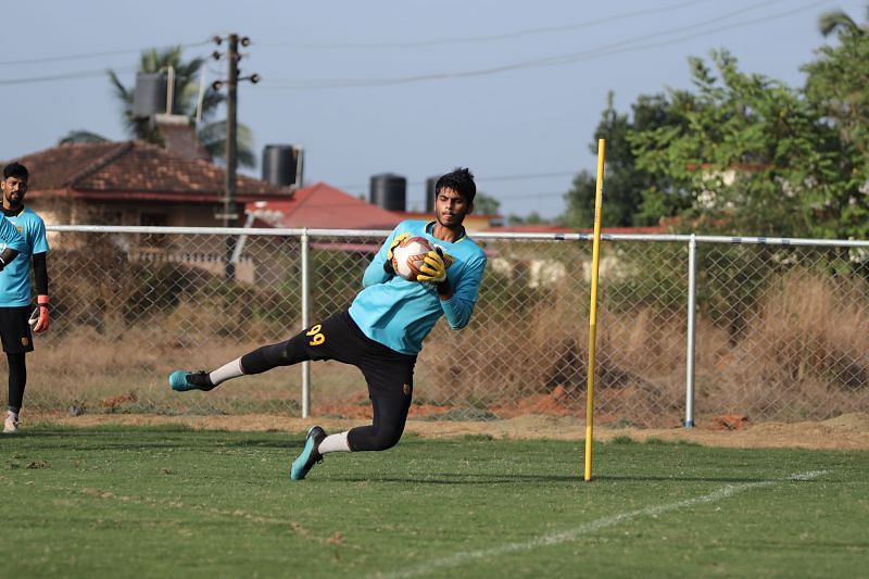 A file photo of Hyderabad FC goalkeeper Manas Dubey during a training session.