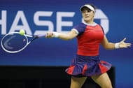 Bianca Andreescu hitting a forehand during her first-round match against Viktorija Golubic