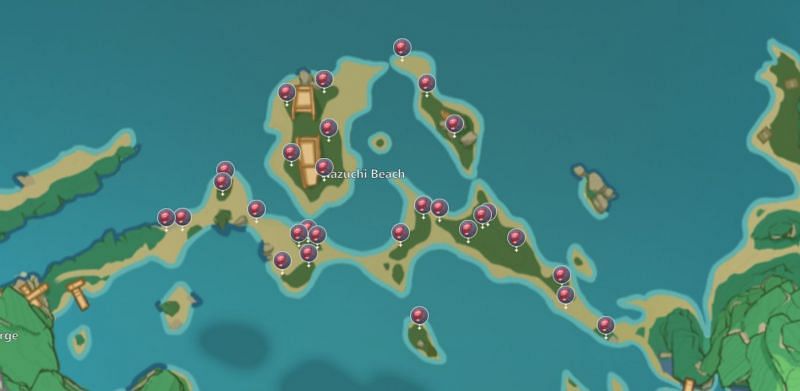 Dendrobium around the seashore on the map (Image via Teyvat Interactive Map)