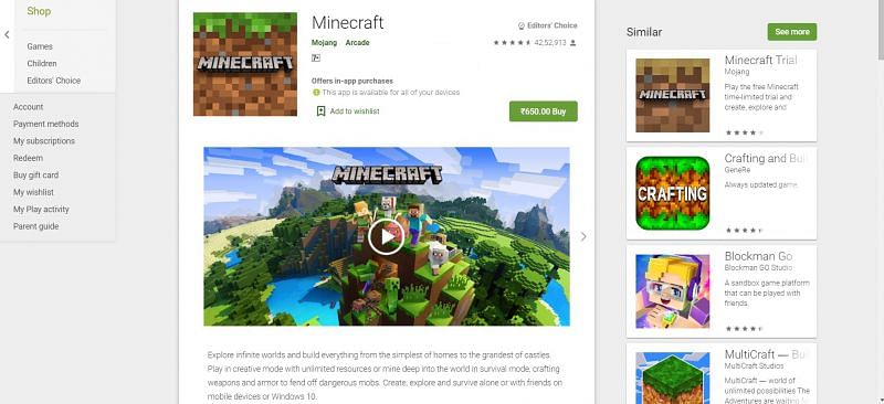 Android version of Minecraft is worth 650 INR (Image via Google Play Store)