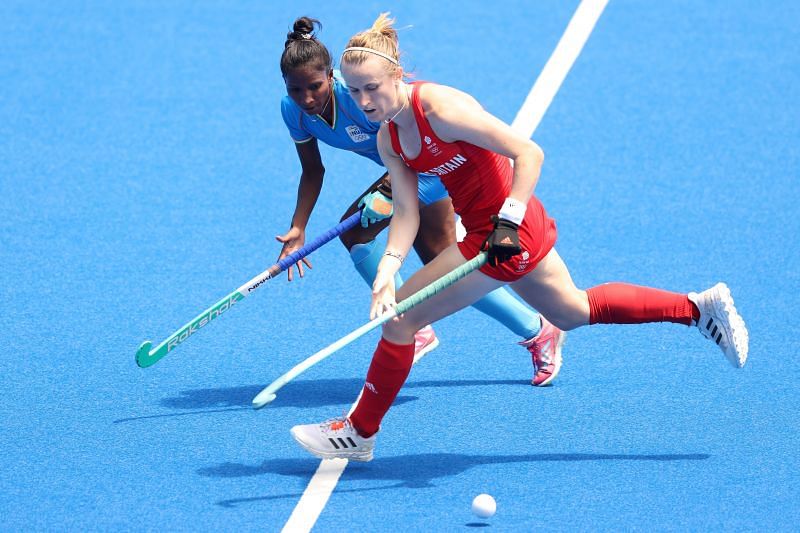 India&#039;s Nikki Pradhan (left) in action at the Tokyo Olympics.