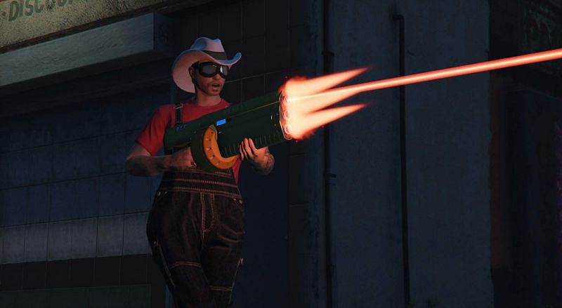 GTA player fires the Unholy Hellbringer (Image via Pinterest.com)