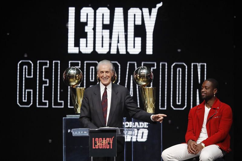 Miami Heat Dwyane Wade (left) with Pat Riley (center)