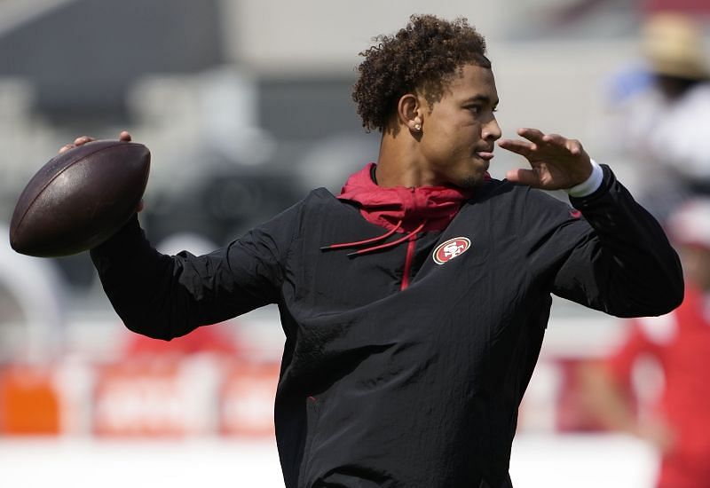 San Francisco 49ers&#039; Trey Lance warming up