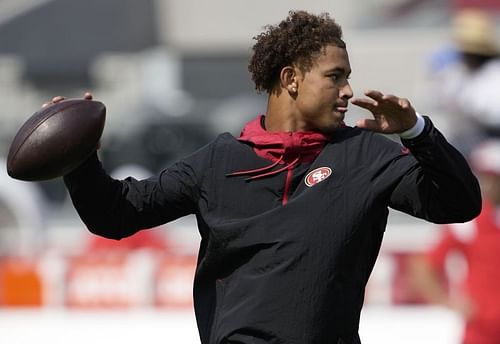 San Francisco 49ers' Trey Lance warming up