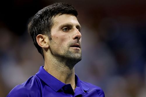 Novak Djokovic looks on during his fourth-round encounter at the 2021 US Open