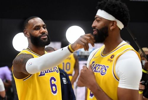 LeBron James (left) and Anthony Davis at the LA Lakers Media Day [Source: Los Angeles Times]