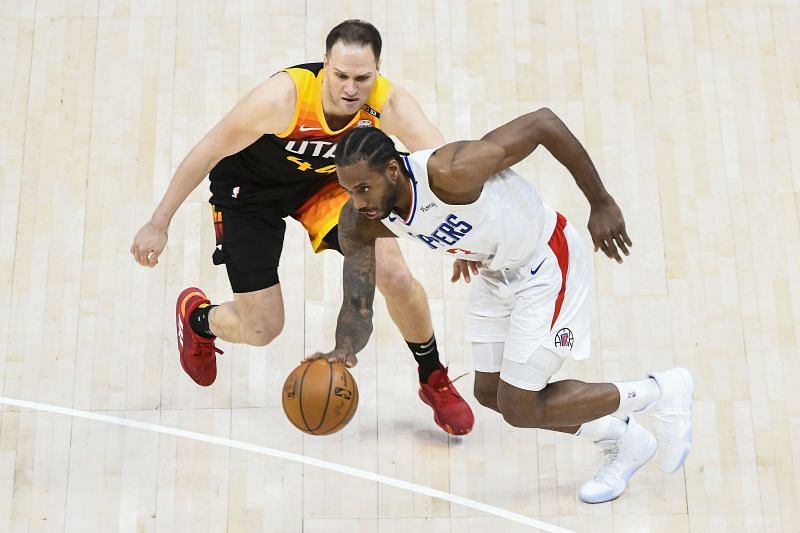 Kawhi Leonard #2 of the LA Clippers drives past Bojan Bogdanovic #44 of the Utah Jazz in Game Two of the Western Conference second-round playoff series at Vivint Smart Home Arena on June 10, 2021 in Salt Lake City, Utah.