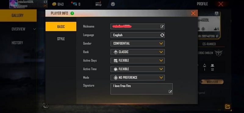 Press the Edit icon to change the basic info like nickname (Image via Free Fire)