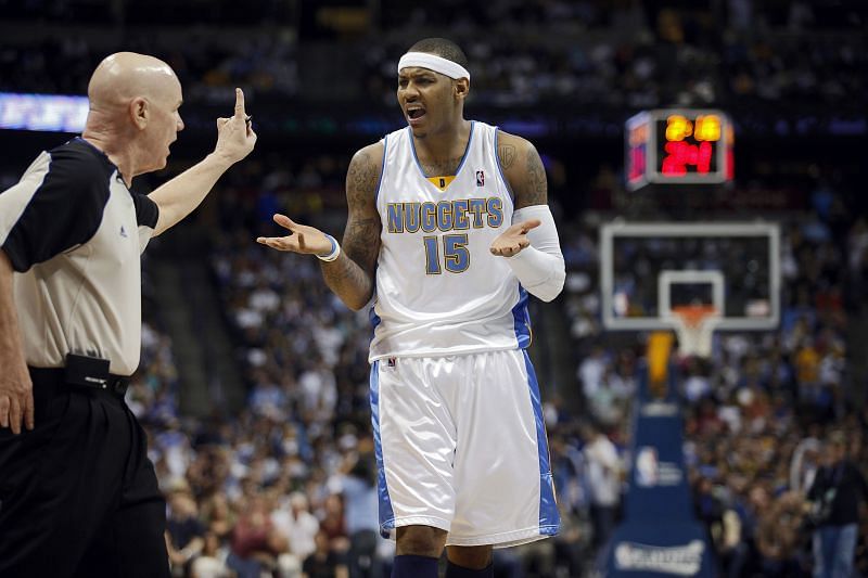 Carmelo Anthony argues a call with the referee